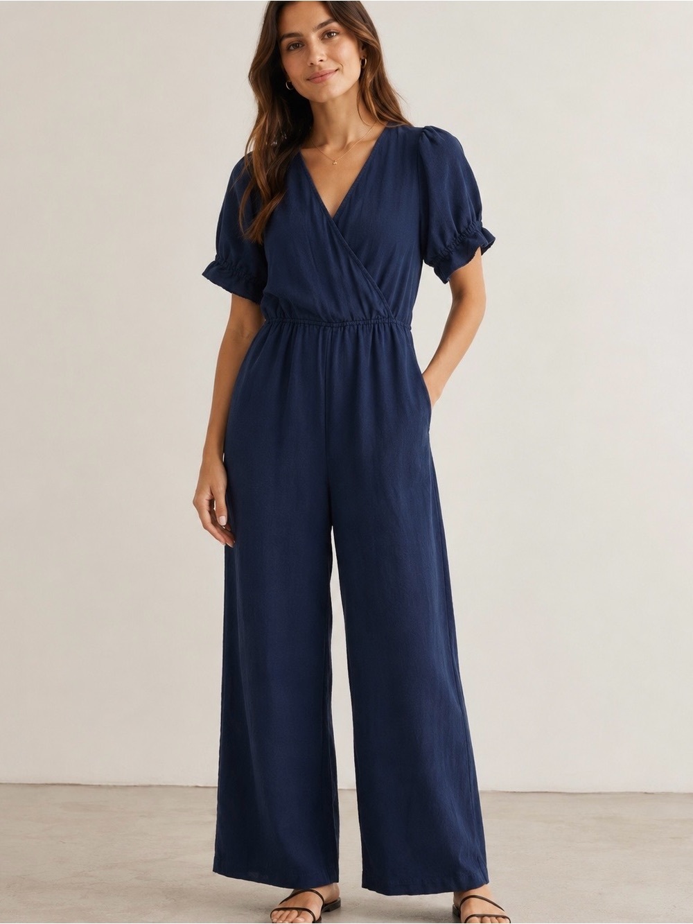 APiece Apart Navy Blue Wide Leg Jumpsuit Puff SLV Linen Blend  SZ 4 Designer EUC